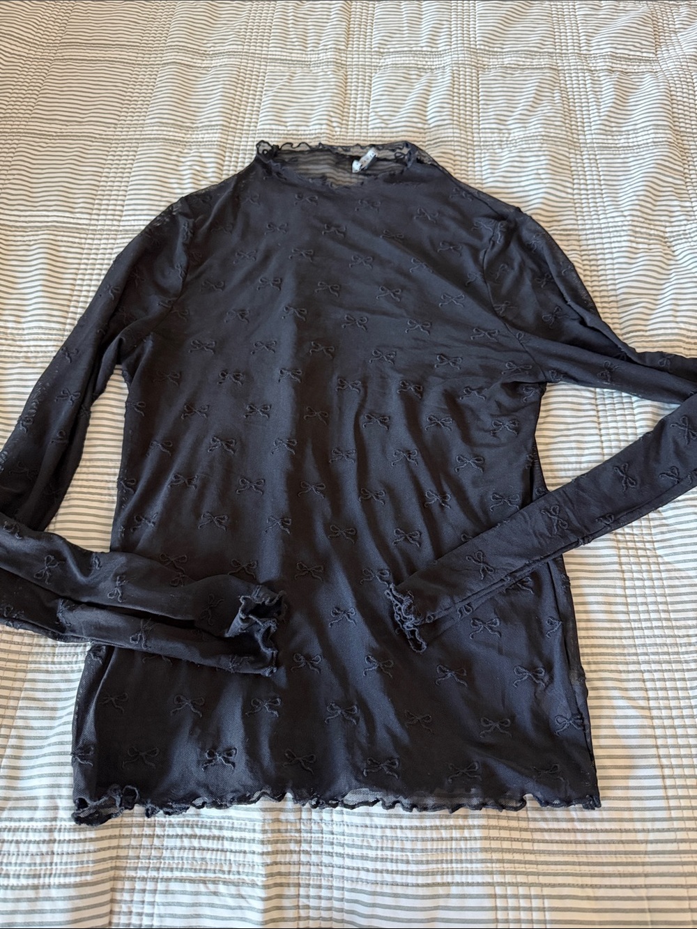 American Eagle Outfitters Black Sheer Bow-Embossed Long Sleeve Tunic